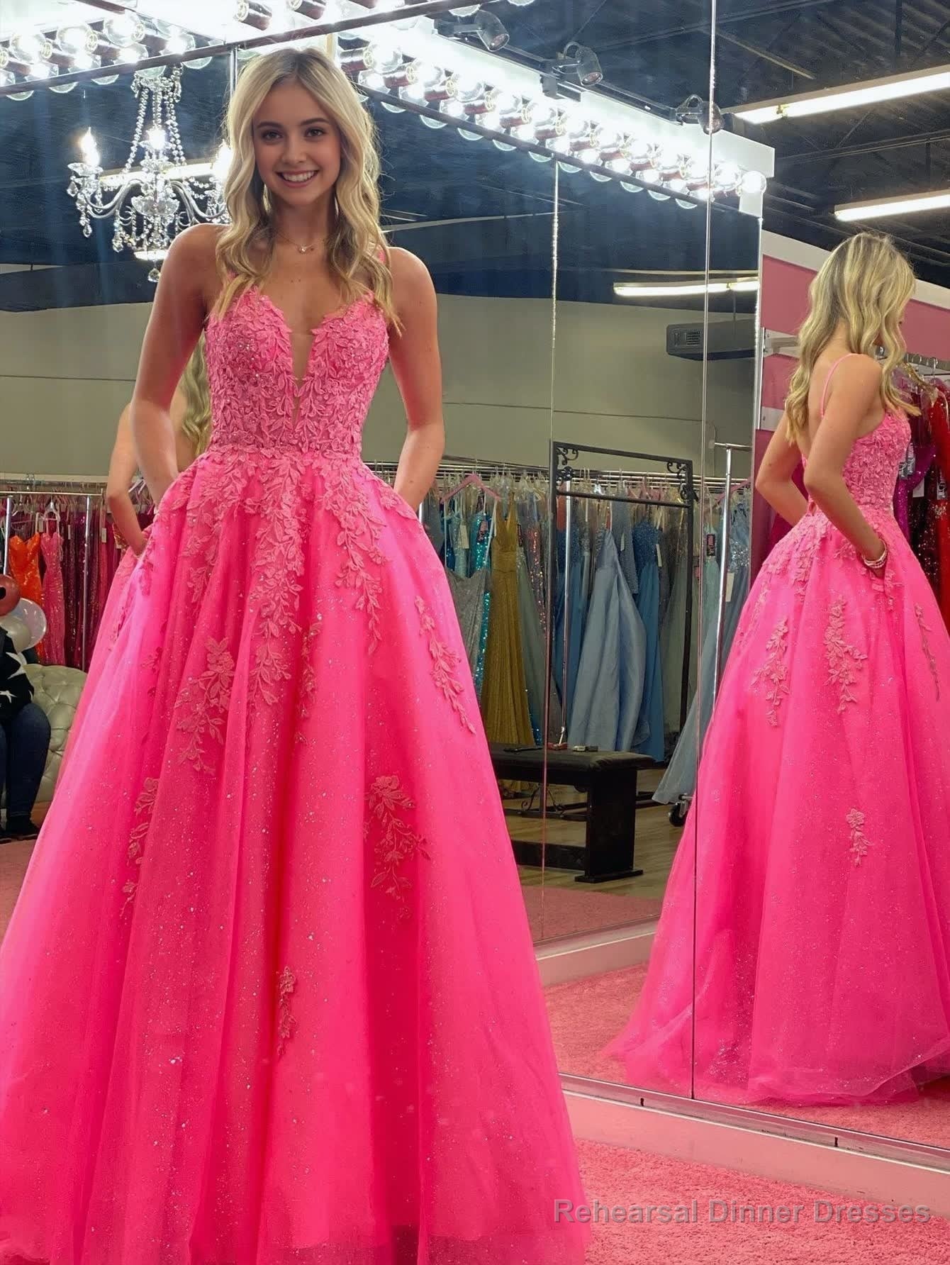 V Neck Pink A Line Lace Long Prom Dress Secondary image