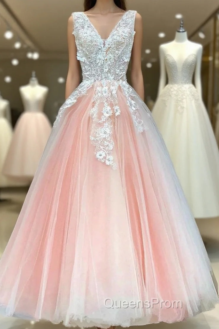 V Neck Pink Lace Appliques Long Sweet 16 Evening Prom Dress, Pink Lace Formal Dress, Pink Evening Dress Main image