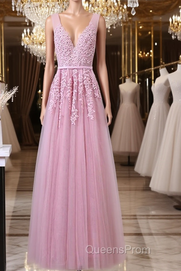V Neck Pink Lace Evening Prom Dress, Pink V Neck Lace Bridesmaid Formal Dress Main image