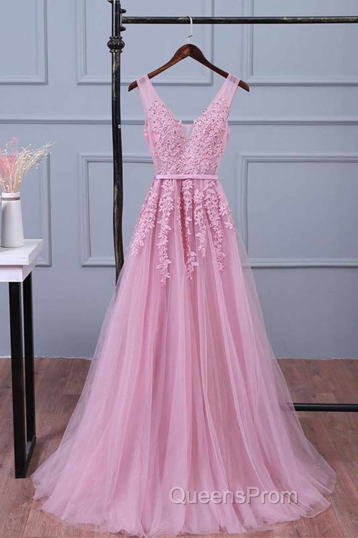 V Neck Pink Lace Evening Prom Dress, Pink V Neck Lace Bridesmaid Formal Dress Secondary image