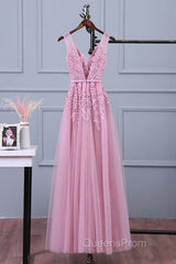 V Neck Pink Lace Evening Prom Dress, Pink V Neck Lace Bridesmaid Formal Dress