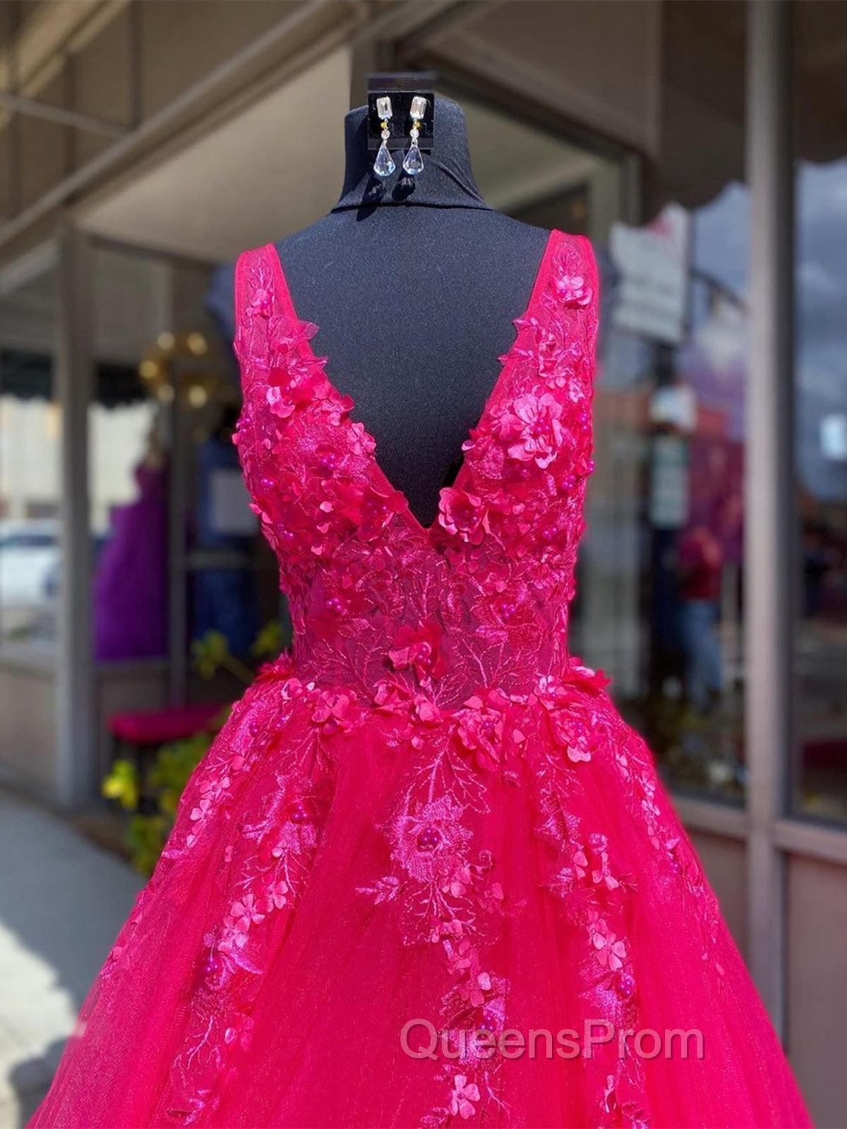 V Neck Pink Lace Evening Prom Dress, Pink V Neck Long Lace Formal Evening Dress Secondary image
