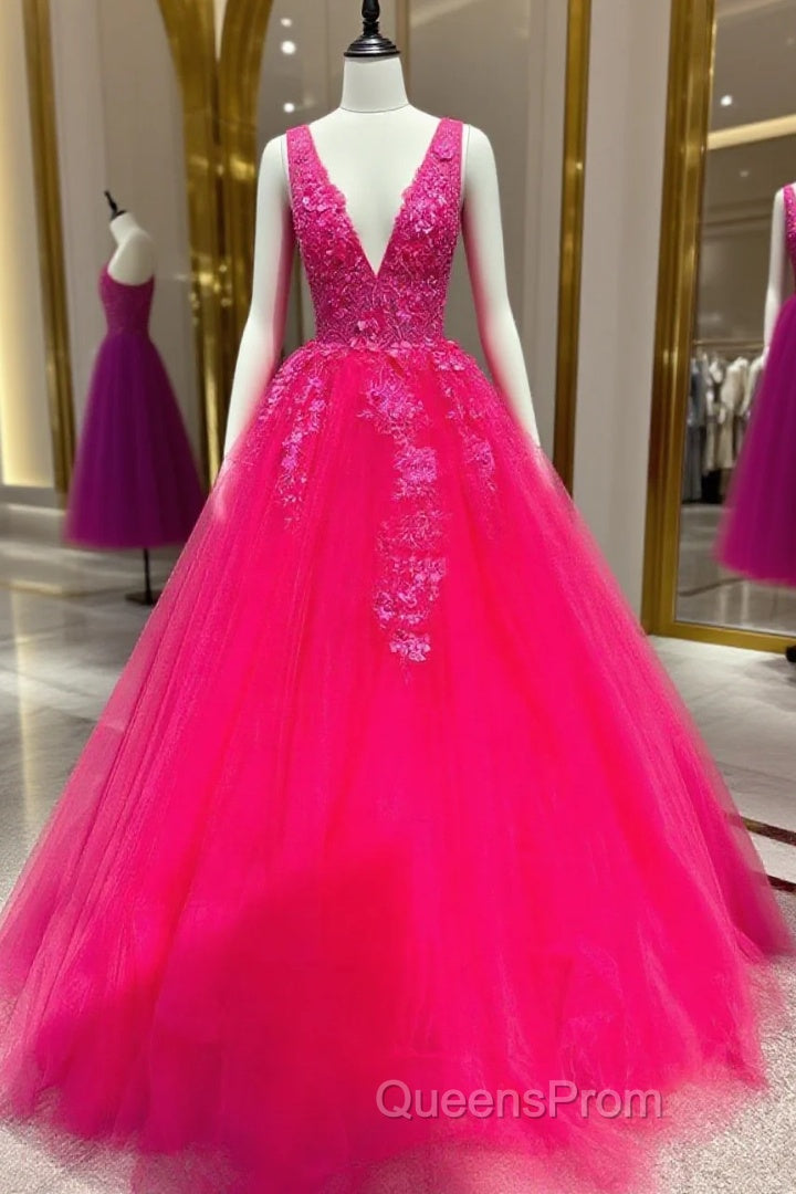 V Neck Pink Lace Evening Prom Dress, Pink V Neck Long Lace Formal Evening Dress Main image