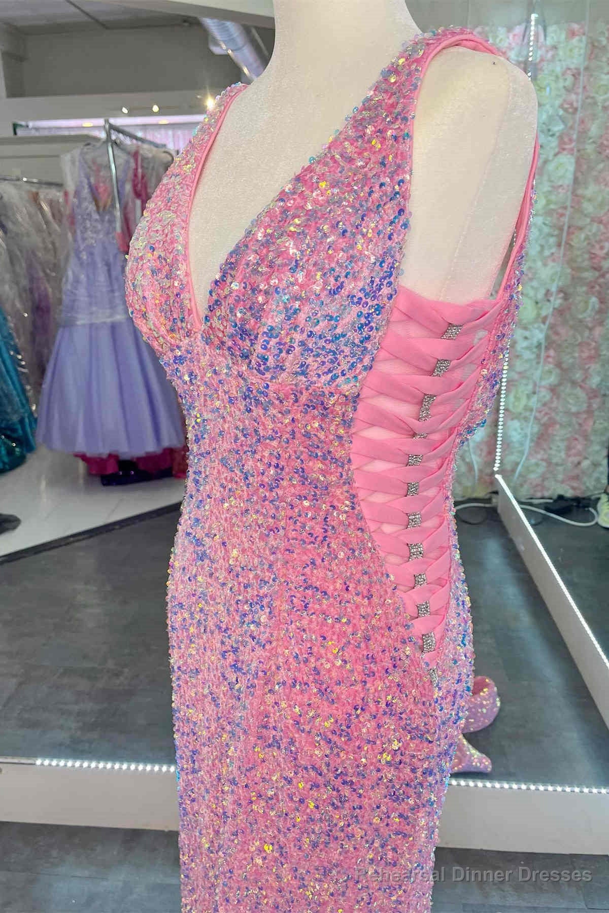 V-Neck Pink Sequin Long Prom Dress with Slit Secondary image