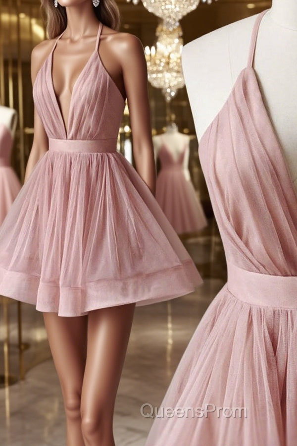 V Neck Pink Short Evening Prom Dress, Pink Homecoming Dress, Short Pink Formal Evening Dress Main image