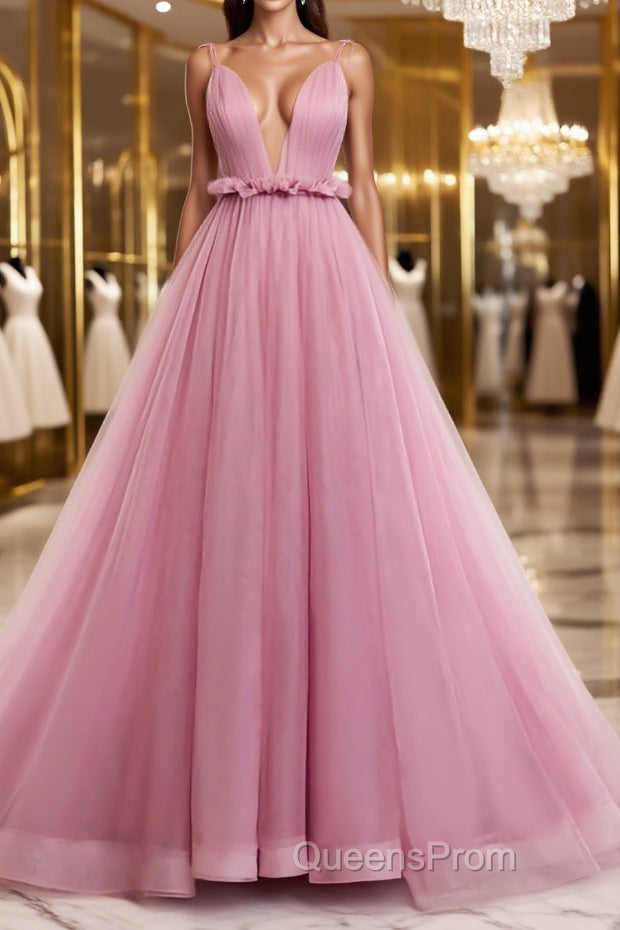 V Neck Pink Tulle Evening Prom Dress with Train, Pink Long Formal Evening Graduation Dress Main image
