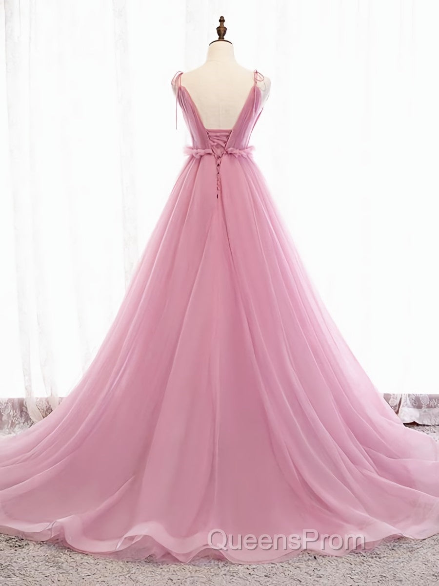 V Neck Pink Tulle Evening Prom Dress with Train, Pink Long Formal Evening Graduation Dress Secondary image