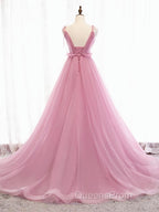 V Neck Pink Tulle Evening Prom Dress with Train, Pink Long Formal Evening Graduation Dress