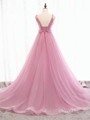 V Neck Pink Tulle Evening Prom Dress with Train, Pink Long Formal Evening Graduation Dress