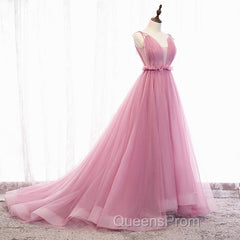 V Neck Pink Tulle Evening Prom Dress with Train, Pink Long Formal Evening Graduation Dress