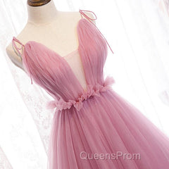 V Neck Pink Tulle Evening Prom Dress with Train, Pink Long Formal Evening Graduation Dress
