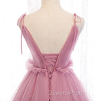V Neck Pink Tulle Evening Prom Dress with Train, Pink Long Formal Evening Graduation Dress