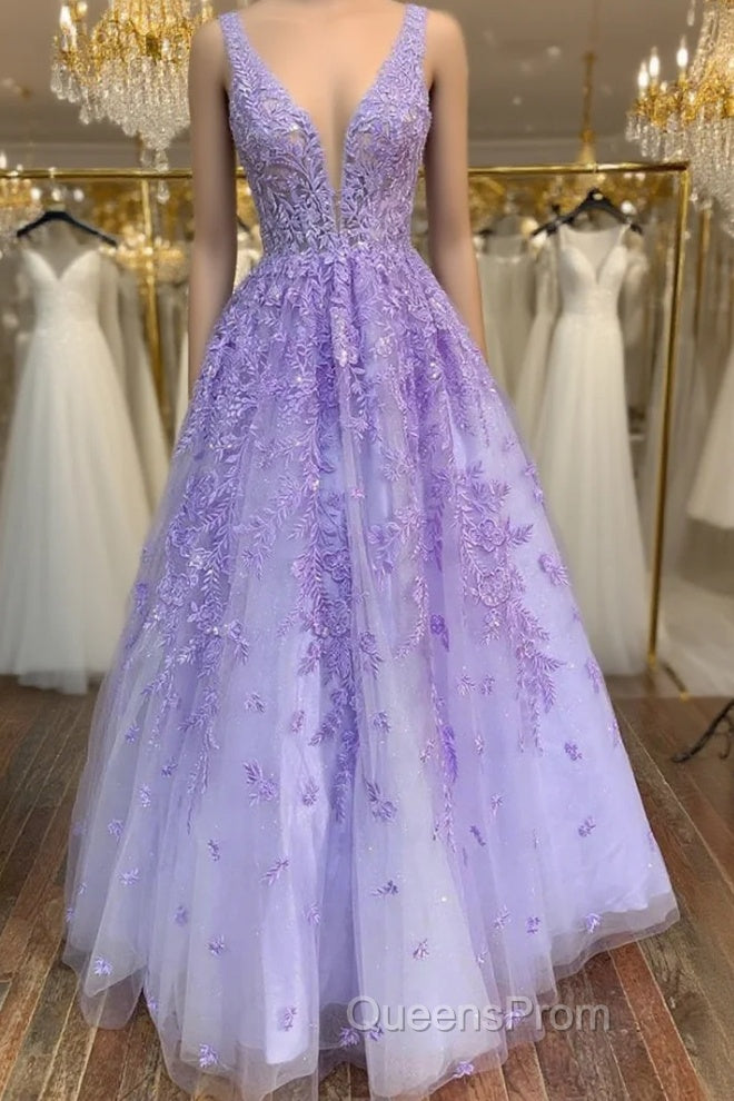 V Neck Purple Lace Long Evening Prom Dress, Long Purple Lace Formal Dress, Lilac Lace Evening Dress Main image