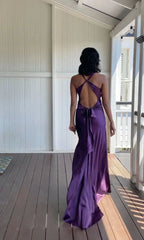 V-Neck Purple Satin And Floor Length Classy Prom Dress Classy Evening Gown