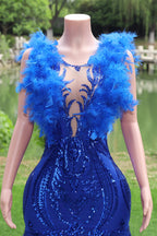 V-Neck Royal Blue Feathers Sparkle Sequin Sleeveless Prom Dresses