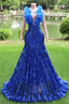 V-Neck Royal Blue Feathers Sparkle Sequin Sleeveless Prom Dresses