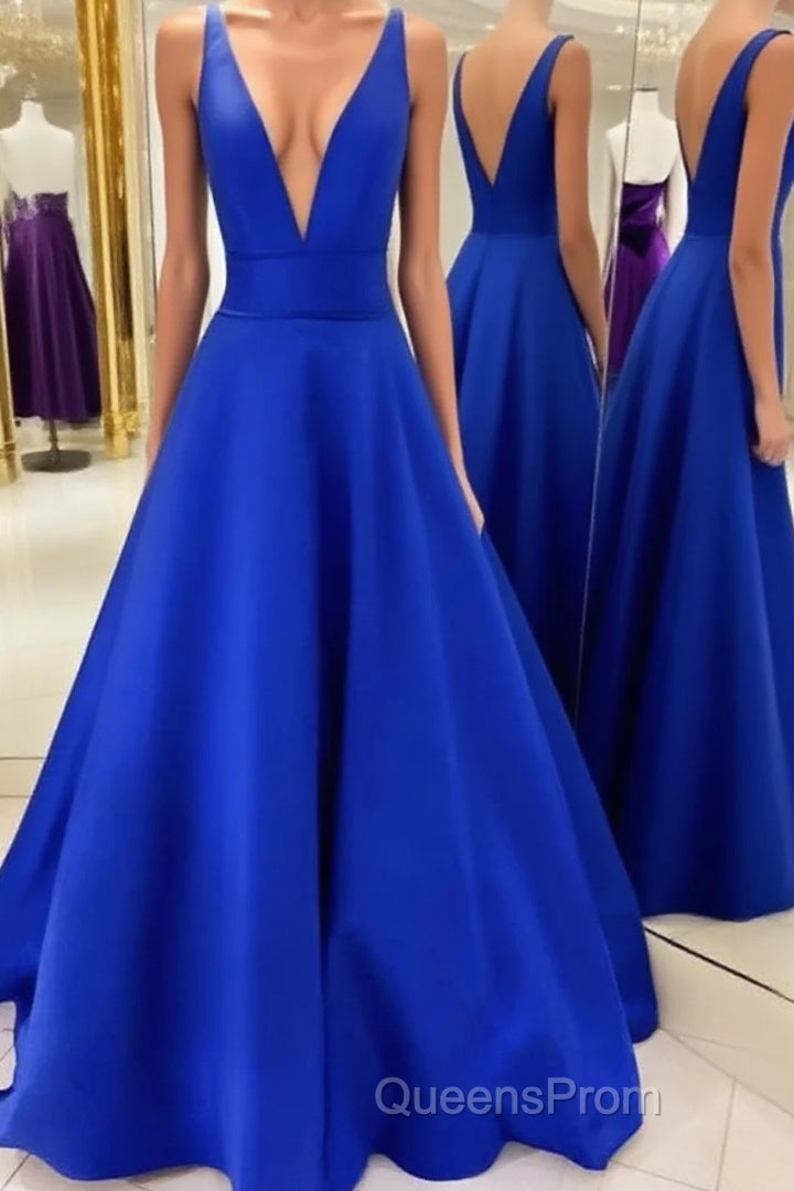 V Neck Royal Blue Satin Evening Prom Dress, Royal Blue Satin Formal Evening Bridesmaid Dress Main image