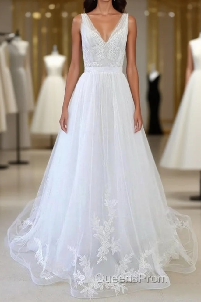 V-neck Ruffle Applqiues Tulle A-line Wedding Dress Main image