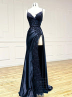 V Neck Satin Lace Long Classy Prom Dress, Lace Long Classy Evening Dress