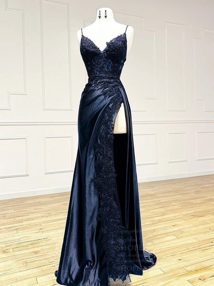 V Neck Satin Lace Long Classy Prom Dress, Lace Long Classy Evening Dress