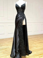 V Neck Satin Lace Long Classy Prom Dress, Lace Long Classy Evening Dress