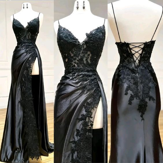 V Neck Satin Lace Long Classy Prom Dress, Lace Long Classy Evening Dress