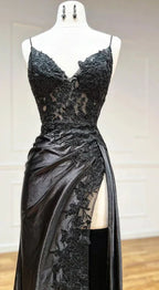 V Neck Satin Lace Long Classy Prom Dress, Lace Long Classy Evening Dress