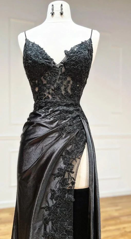 V Neck Satin Lace Long Classy Prom Dress, Lace Long Classy Evening Dress