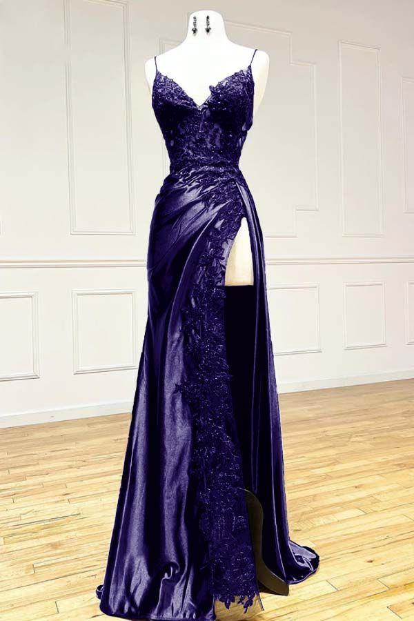 V Neck Satin Lace Long Classy Prom Dress, Lace Long Classy Evening Dress