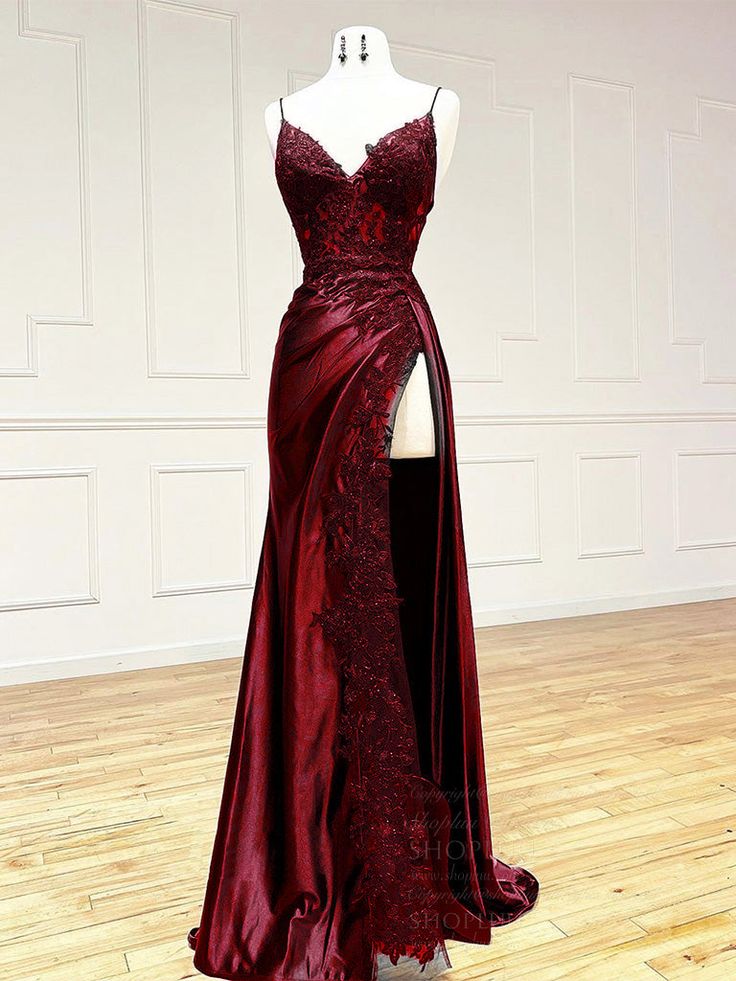 V Neck Satin Lace Long Classy Prom Dress, Lace Long Classy Evening Dress Main image