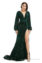 V-Neck Sequins Long Sleeve Side Split Formal Evening Dresses