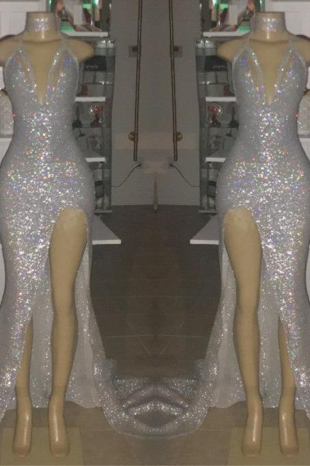 V-Neck Sequins Mermaid Front Slit Floor Length Prom Dresses