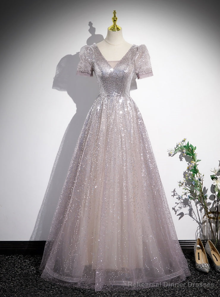 V-neck Sequins Short Sleeve Prom Dress Main image