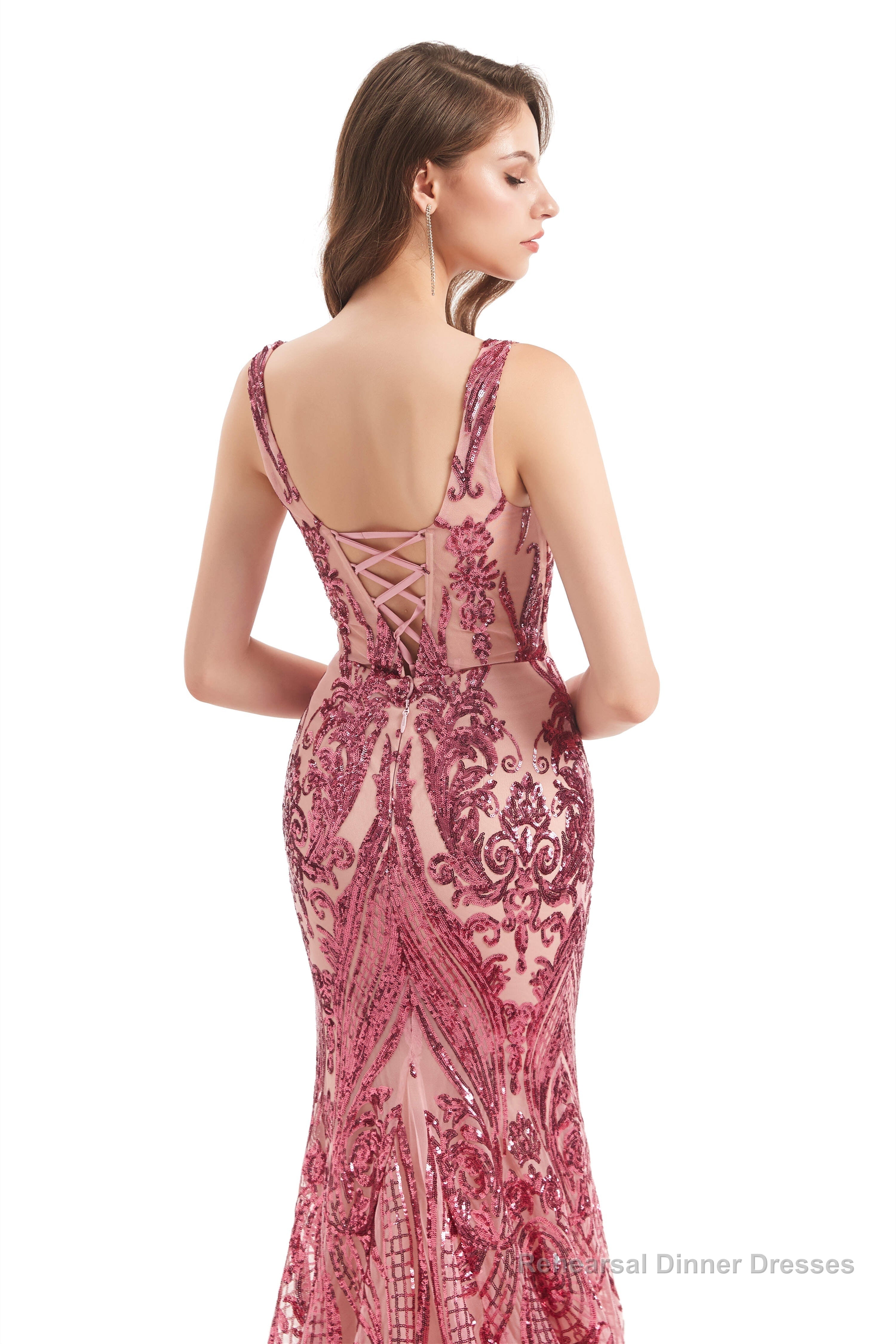V-Neck Sequins Sleeveless Lace-up Mermaid Prom Dresses
