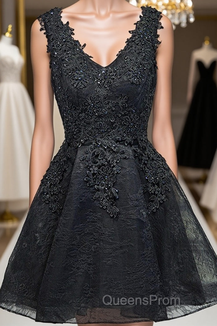 V Neck Short Black Lace Evening Prom Dress, Black Lace Homecoming Dress, Short Black Formal Evening Dress