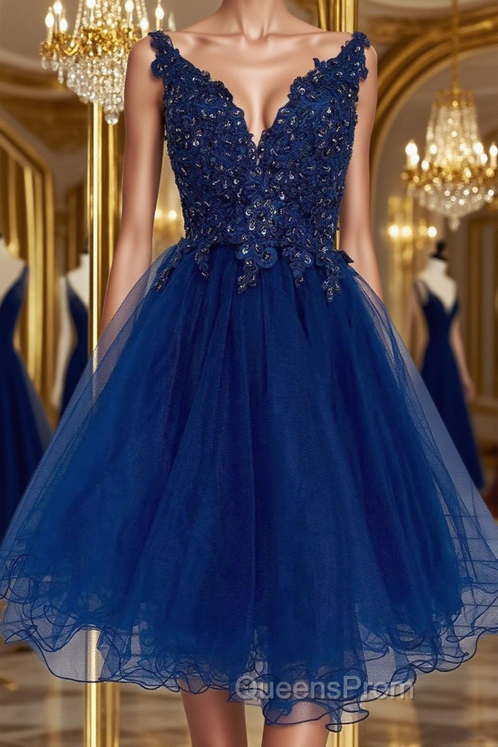 V Neck Short Blue Lace Evening Prom Dress, Blue Lace Homecoming Dress, Short Blue Formal Graduation Evening Dress Main image