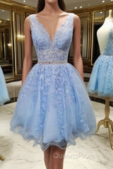 V Neck Short Blue Lace Evening Prom Dress, Short Blue Lace Formal Homecoming Dress