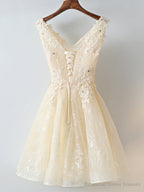 V Neck Short Champagne Lace Prom Dresses, Short Champagne Lace Formal Homecoming Dresses