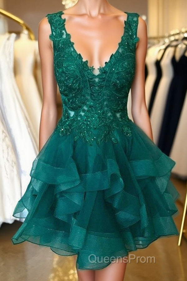 V Neck Short Green Lace Evening Prom Dress, Short Green Lace Graduation Homecoming Dress Main image