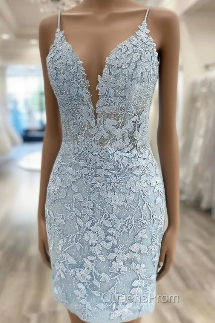 V Neck Short Light Blue Lace Evening Prom Dress, V Neck Blue Lace Short Graduation Homecoming Dress Main image