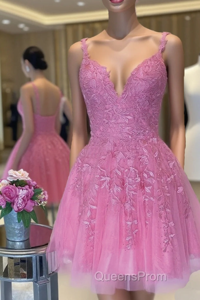 V Neck Short Pink Lace Evening Prom Dress, V Neck Pink Lace Formal Graduation Dress Main image