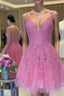 V Neck Short Pink Lace Evening Prom Dress, V Neck Pink Lace Formal Graduation Dress