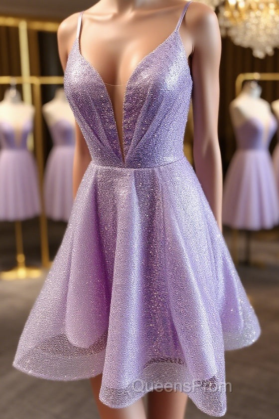 V Neck Short Purple Evening Prom Dress, Short V Neck Purple Formal Homecoming Dress Main image