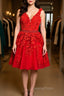 V Neck Short Red Lace Evening Prom Dress with Beadings, Short Red Lace Formal Graduation Homecoming Dress