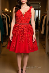 V Neck Short Red Lace Evening Prom Dress with Beadings, Short Red Lace Formal Graduation Homecoming Dress