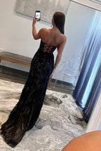 V-Neck Sleeveless Appliques Sheath High Slit Prom Dress