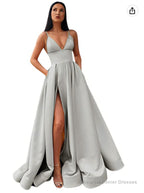 V-Neck Slit Satin Long Prom Dress Spaghetti Strap Evening Ball Gown with Pockets