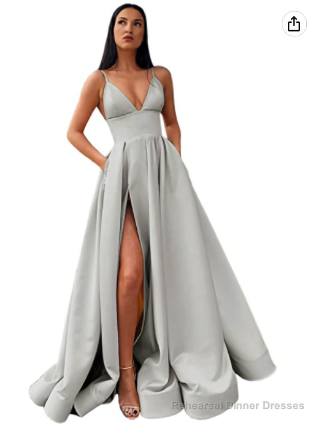 V-Neck Slit Satin Long Prom Dress Spaghetti Strap Evening Ball Gown with Pockets