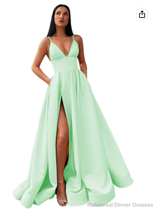 V-Neck Slit Satin Long Prom Dress Spaghetti Strap Evening Ball Gown with Pockets