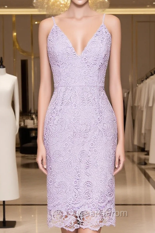 V-Neck Spaghetti Straps Lace Short Bridesmaids Dress